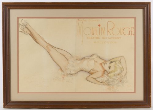 Alberto Vargas (American, 1896-1982) 'Moulin Rouge: Alberto Vargas (American, 1896-1982) 'Moulin Rouge Theatre Restaurant Hollywood' Watercolor on Paper 1956, signed lower right, signed dedication lower left, original work of art depicting a lounging f