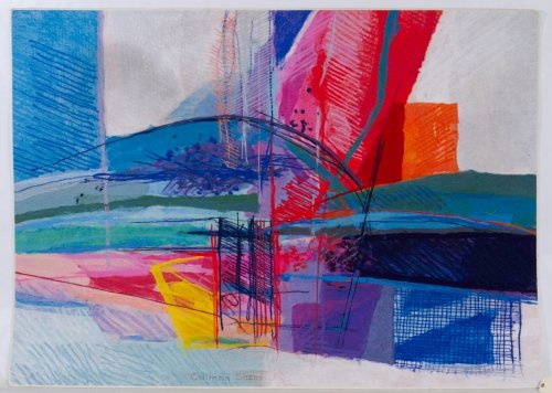 Calman Shemi (Argentinian / Israeli, b. 1939) 'Sailing: Calman Shemi (Argentinian / Israeli, b. 1939) 'Sailing Boat' Tapestry 1993, signed lower center, numbered 5/9, depicting abstract sailboats on painted, textured and woven cloth; purchased in Jerusalem