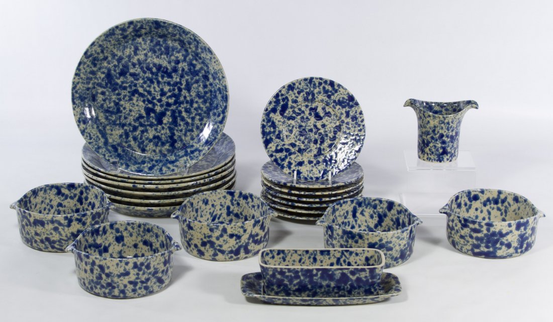 Bennington Pottery 'Agate Blue' Partial China Service: Bennington Pottery 'Agate Blue' Partial China Service Twenty one mottled blue pottery items including (7) dinner plates, (7) dessert plates, (5) bowls, a butter dish and a creamer Diameter: 9.50 inche