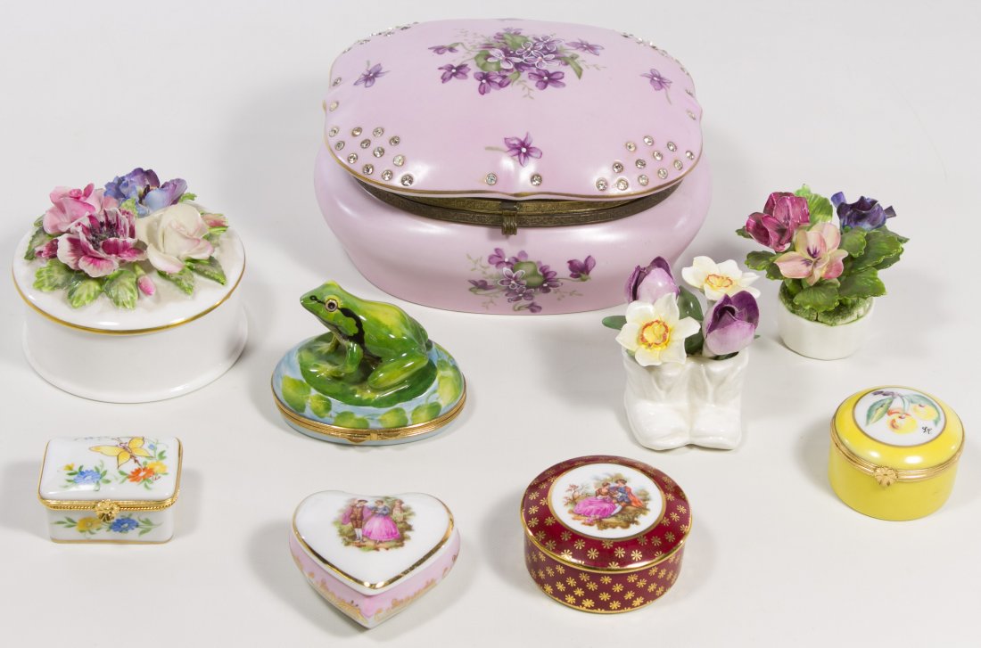 Trinket Box Assortment: Trinket Box Assortment Nine items with five marked 'Limoges,' two marked 'Royal Staffordshire,' one marked 'Royal Adderly' and one marked 'Norcrest' Length: 7.00 inches, Width: 5.50 inches (largest) C