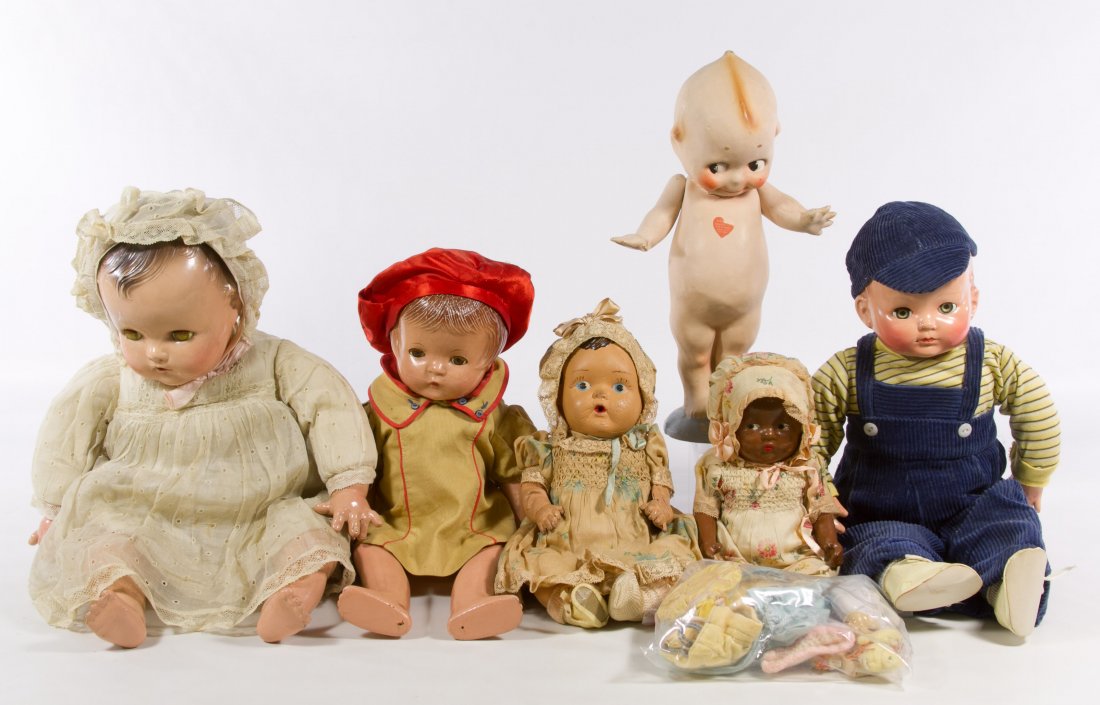 Vintage Doll Assortment: Vintage Doll Assortment Eight dolls including an Effanbee composition 'Patsy Joan,' a composition Kewpie, two German half dolls, a Sun Rubber baby doll, an Effanbee composition boy and two unmarked co