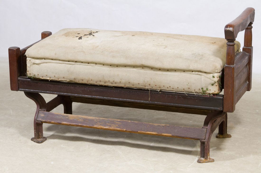 American Car and Founder Company Pullman Rail Car Bench: American Car and Founder Company Pullman Rail Car Bench Maple bench with cushion on cast iron base Height: 25.00 inches, Width: 43.00 inches, Depth: 19.00 inches Category: Collectibles > Transportatio