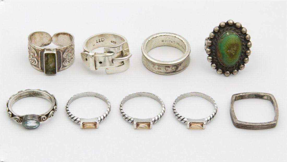 Tiffany & Co. Sterling Silver '1837' Ring: Tiffany & Co. Sterling Silver '1837' Ring 2004, stamped hallmark inside of the band; together with eight sterling silver rings Size: 6.5 to 7.0 Weight: 27.97 dwts. (total weight) Category: Jewelry and