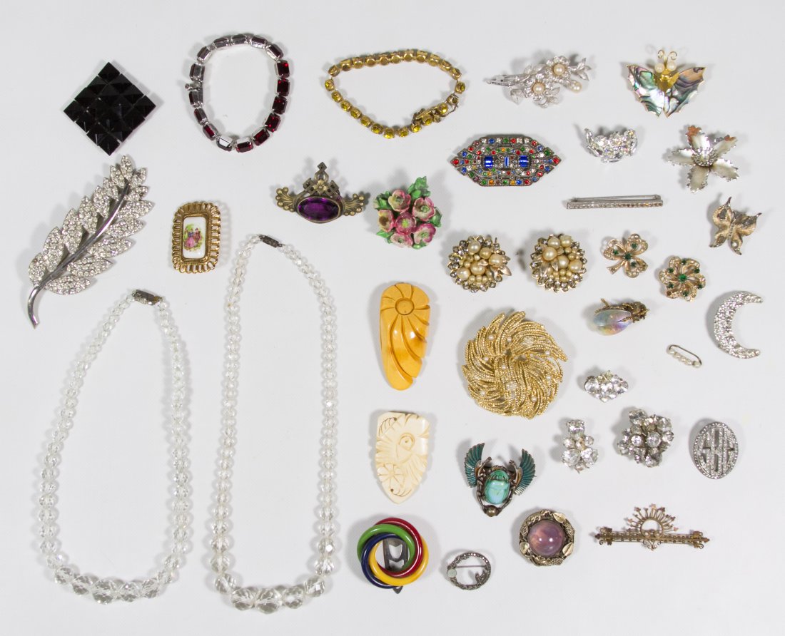 Costume Jewelry Assortment: Costume Jewelry Assortment Including clear and colorful rhinestones, mother of pearl, Czech glass and Bakelite pins; shoe clips and necklaces; together with bird and beetle form pins Length: 18.50 inc