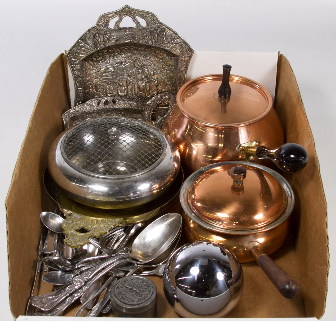 Metal Holloware and Silverplate Flatware Assortment: Metal Holloware and Silverplate Flatware Assortment Including Italian copper pots, Japanese figural crumb trays, assorted silverplate flatware items, a tin box with butterfly lid, a Chase chrome cockt