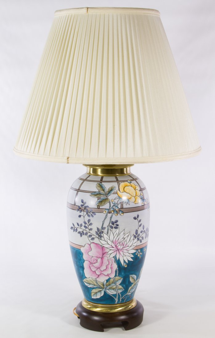 Frederick Cooper Hand Painted Lamp: Frederick Cooper Hand Painted Lamp Having a Frederick Cooper decal sticker on the socket and marked 'F. Cooper Lamps' on the shade's metal supports with an Asian style hand painted ceramic base Height