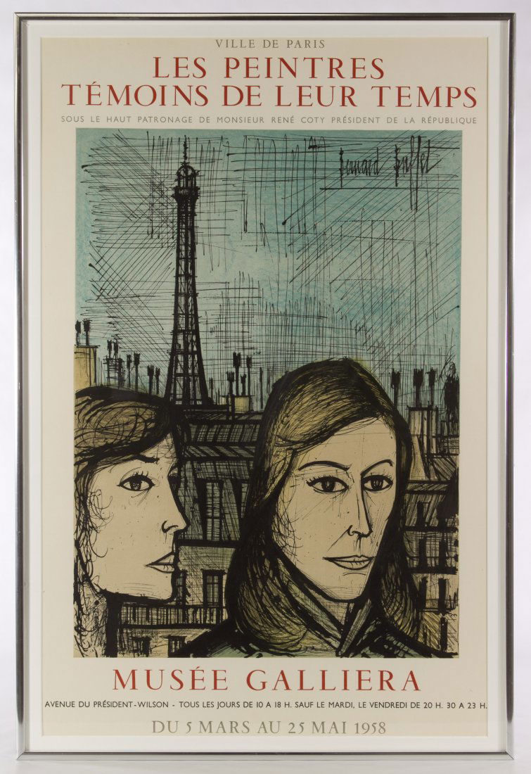 (After) Bernard Buffet (French, 1928-1999) 'Musee: (After) Bernard Buffet (French, 1928-1999) 'Musee Galliera' Poster Undated, printed signature upper right, depicting a female with Parisian architecture in the background; framed in 1994 Height: 28.00