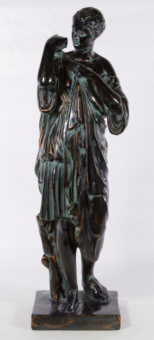 Painted Plaster Statue: Painted Plaster Statue Having a blackened bronze style painted finish over plaster and depicting an ancient Roman or Greek deity figure Height: 28.50 inches Category: Decorative Arts > Statues Shippin