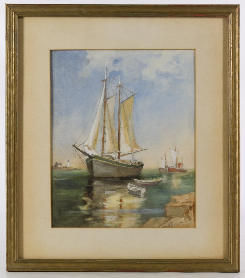 H. Jamison (American, 19/20th Century) 'Sail Boat': H. Jamison (American, 19/20th Century) 'Sail Boat' Watercolor Undated, signed lower right, depicting sailboats; having a Wisconsin antiques dealer's tag en verso citing that the 'watercolor (was) purc