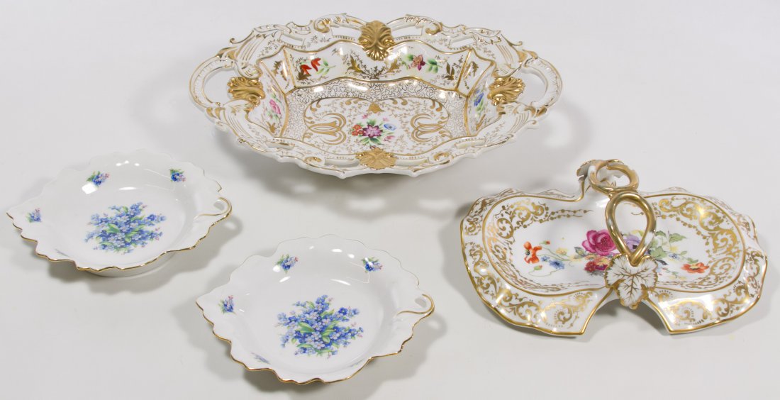 German Porcelain Serving Dish Assortment: German Porcelain Serving Dish Assortment Four items including two 'Schumann Arzberg Germany' marked printed floral dishes, a gilt and hand painted floral oval dish with pierced rim and a gilt and tran