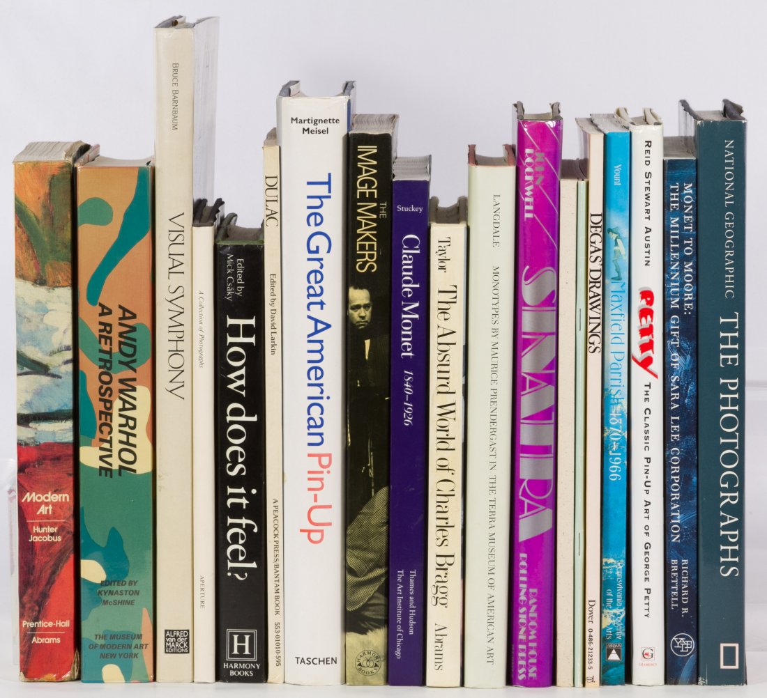 Fine Art Reference Book Assortment: Fine Art Reference Book Assortment Nineteen books with some hard covers having original dust jackets; subjects including Pin-up Girl Art, Andy Warhol and Maxfield Parrish Height: 13.75 inches (tallest