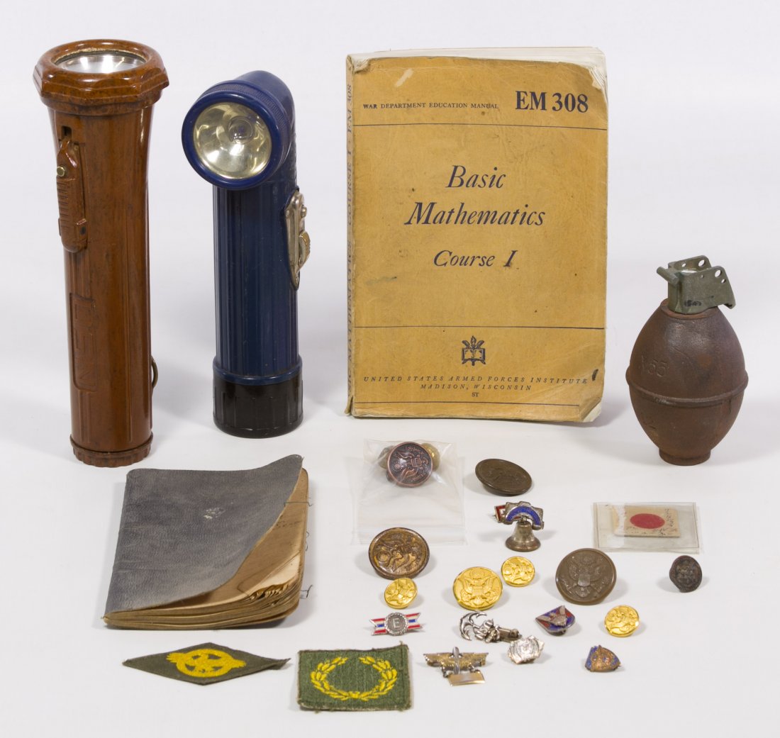 World War II Object Assortment: World War II Object Assortment Including two flashlights, a grenade and mixed U.S. metals Length: 8.25 inches (flashlight) Category: Military & Weapons > World War II Shipping Status: Due to size, wei