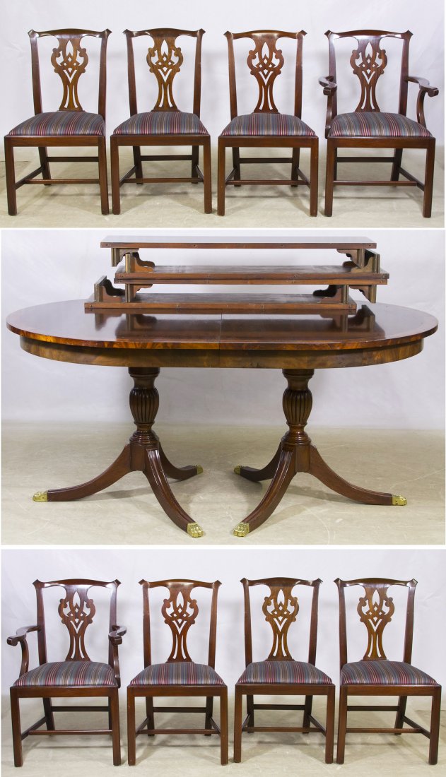 Flame Mahogany Duncan Phyfe Style Dining Table and: Flame Mahogany Duncan Phyfe Style Dining Table and Eight Chairs by Henkle Harris for Virginia Galleries Oval table with four leaves, two #101A arm chairs and six #101S side chairs Height: 30.00 inches