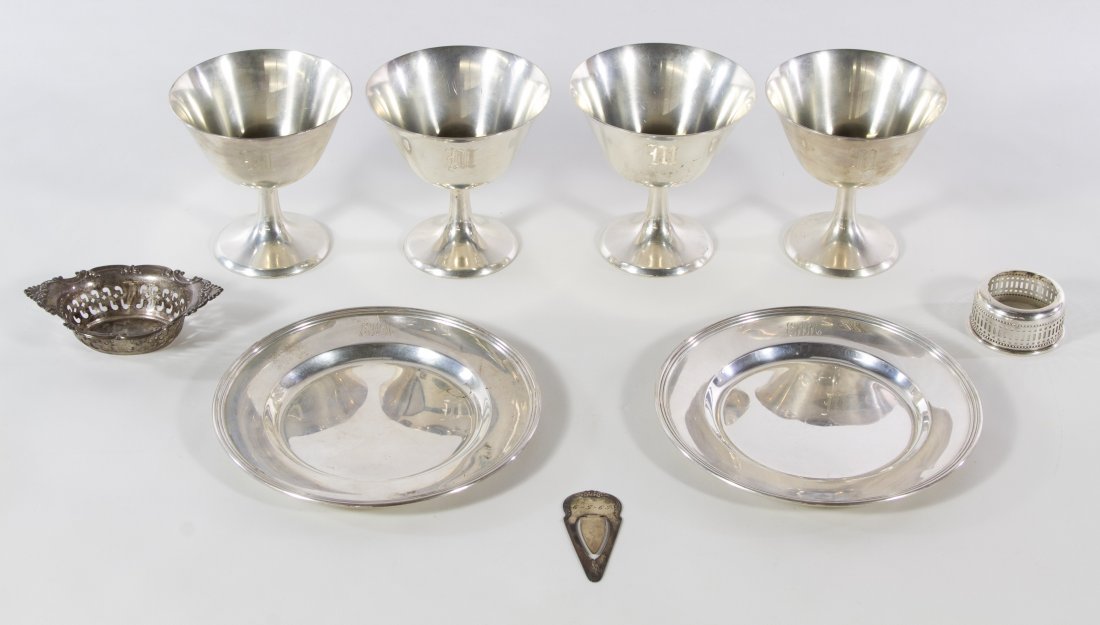 Manchester Silver Co. Sterling Silver Sherbert Cups: Manchester Silver Co. Sterling Silver Sherbert Cups Four cups, pattern #813; together with two International plates, a Gorham nut dish, a S. Kirk & Son page marker and an object Height: 3.75 inches (t