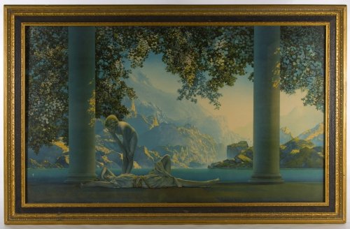 Maxfield Parrish (American, 1870-1966) 'Day Break': Maxfield Parrish (American, 1870-1966) 'Day Break' Print Having the 'c. House of Art, NY' mark in lower left and printed signature in lower right Height: 17.50 inches, Width: 29.50 inches Frame Size: