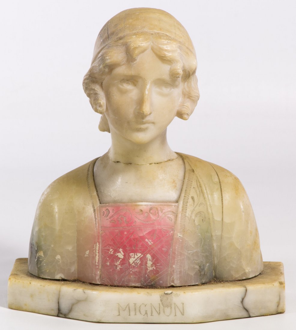 Carved and Stained Marble 'Mignon' Statue: Carved and Stained Marble 'Mignon' Statue Female bust with 'Mignon' name carved in the platform Height: 8.00 inches, Width: 7.50 inches Category: Decorative Arts > Statues Tax Status: Subject to an 8.