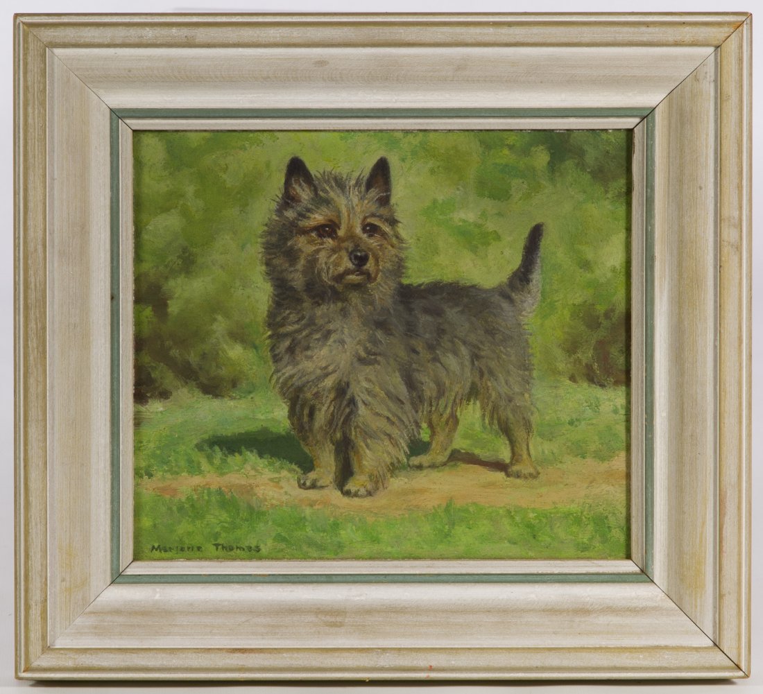Marjorie Thomas (American, 1885-1978) 'Terrier' Oil on: Marjorie Thomas (American, 1885-1978) 'Terrier' Oil on Board Undated, signed lower left, depicting a grey terrier dog in a springtime setting; having a Marshall Field & Company label en verso Height: 