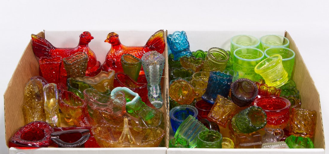 Fenton Glass Assortment: Fenton Glass Assortment Including two boxes of mostly contemporary pressed glass items in the shapes of shoes, boots, hats, hen on nests, canoes and toothpick holders Height: 5.50 inches, Length: 6.00