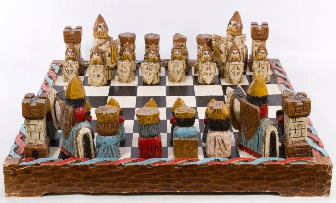 Spanish Carved Wood Chess Set: Spanish Carved Wood Chess Set c.1960 complete set of over-sized, hand carved and painted chess pieces and board Height: 7.00 inches (tallest game piece) Category: Toys and Dolls > Games & Puzzles Ship