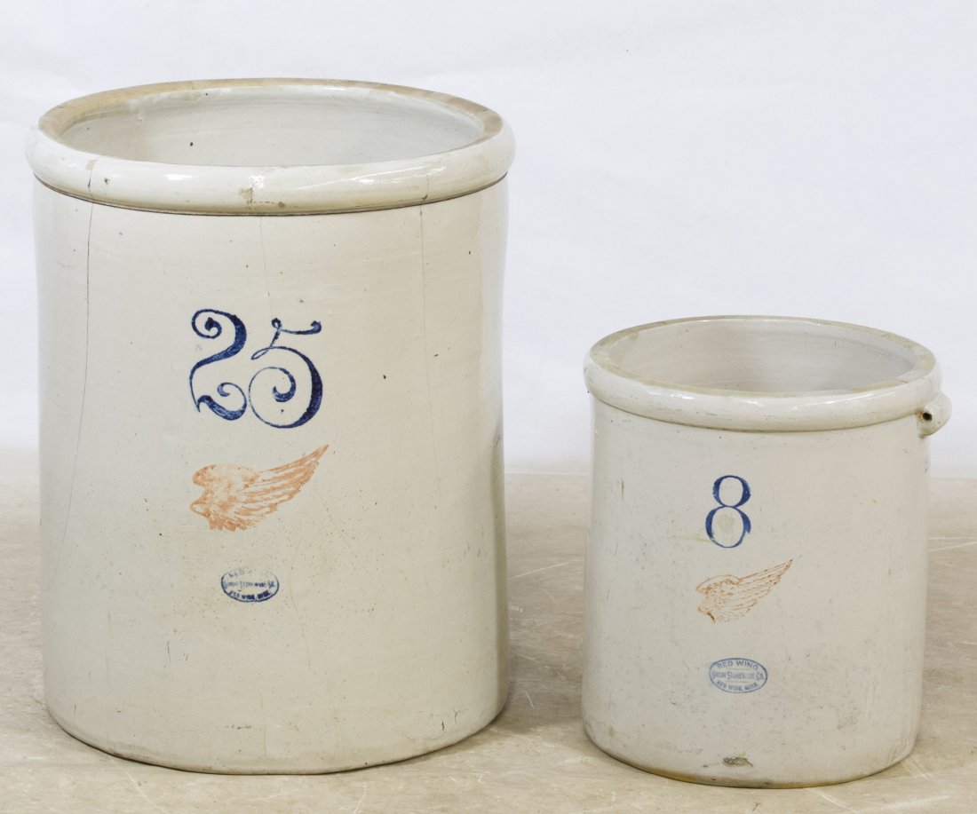 Redwing Crocks: Redwing Crocks Including a 25 gallon and an 8 gallon Height: 25.00 inches, Diameter: 20.00 inches (largest) Category: Primitives > Crocks and Jugs Shipping Status: Due to size, weight, value or shippi