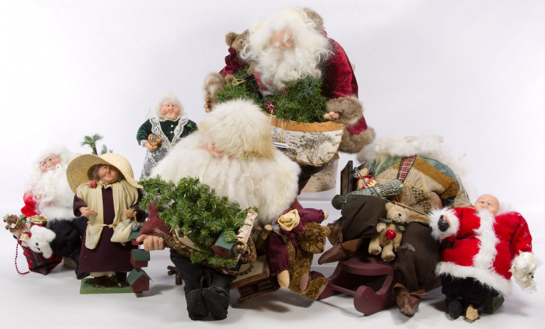 Reflections of Father Christmas Figures by Sally Rose: Reflections of Father Christmas Figures by Sally Rose Five limited edition figures with clay faces, glass eyes and custom made accessories Width: 17.00 inches (Santa in sled) Category: Collectibles > 