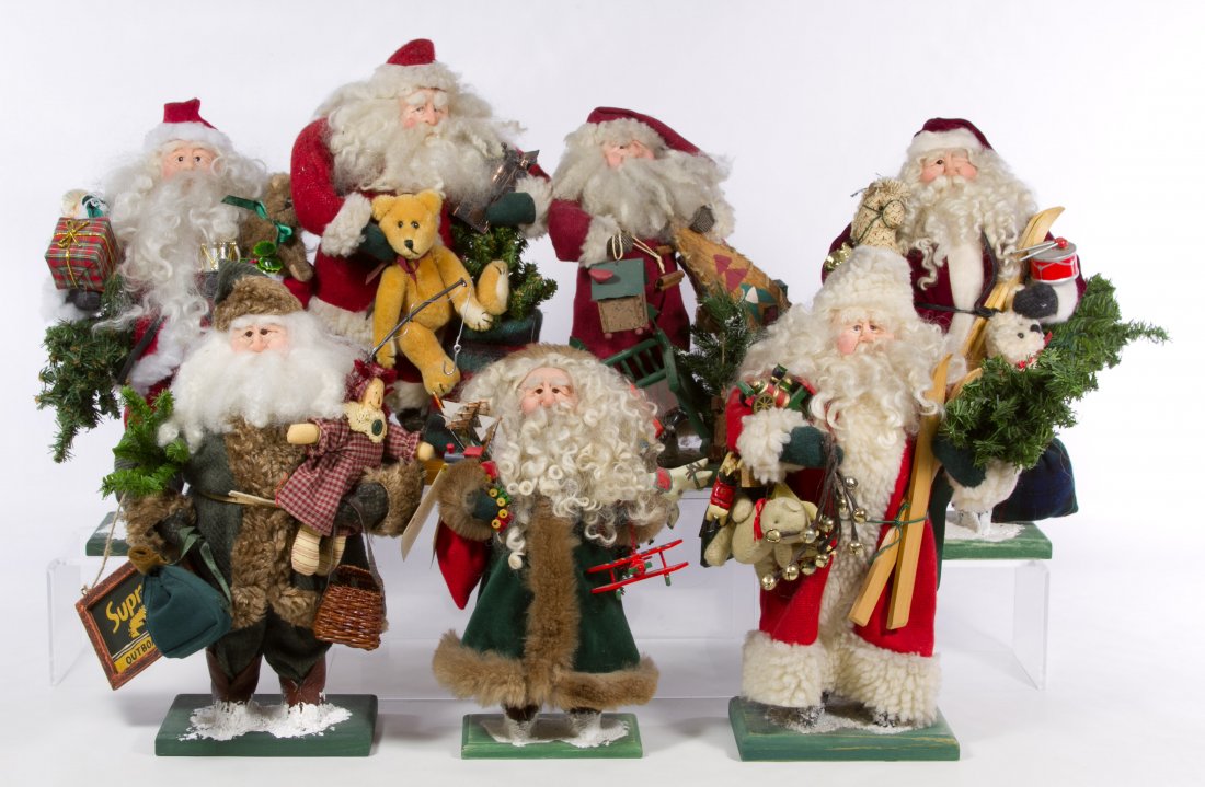 Reflections of Father Christmas Figures by Sally Rose: Reflections of Father Christmas Figures by Sally Rose Seven limited edition figures with clay faces, glass eyes, cloth over wire bodies and having custom made accessories Height: 14.00 inches (tallest
