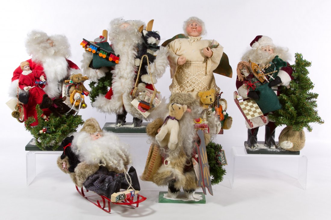 Reflections of Father Christmas Figures by Sally Rose: Reflections of Father Christmas Figures by Sally Rose Six limited edition figures with clay faces, glass eyes, cloth over wire bodies and having custom made accessories Height: 14.00 inches (tallest) 