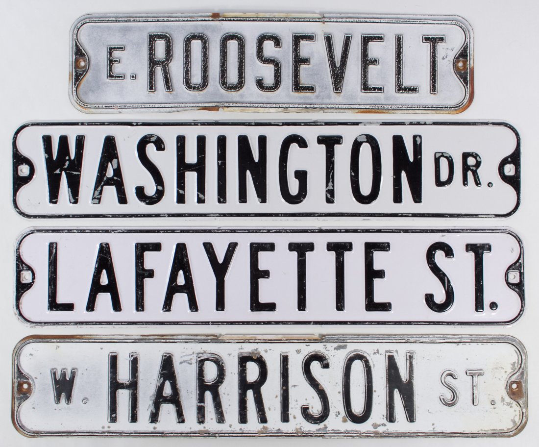Embossed Metal Chicago Street Sign Assortment: Embossed Metal Chicago Street Sign Assortment Four signs including 'E. Roosevelt,' 'Washington Dr.,' 'Lafayette St.' and 'W. Harrison St.' Height: 6.00 inches, Length: 30.00 inches (largest) Category: