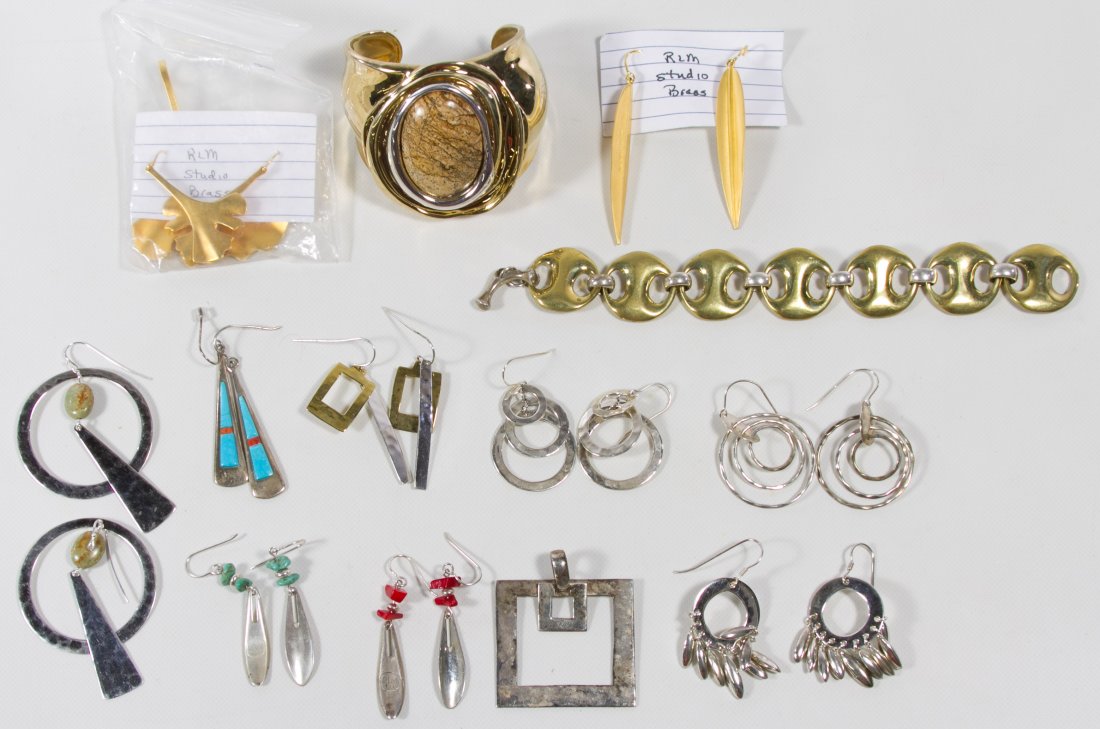 Robert Lee Morris Sterling Silver Earring Assortment: Robert Lee Morris Sterling Silver Earring Assortment Eight pairs of pierced earrings, some with gemstones or brass; together with other Robert Lee Morris jewelry including two brass bracelets, two pai