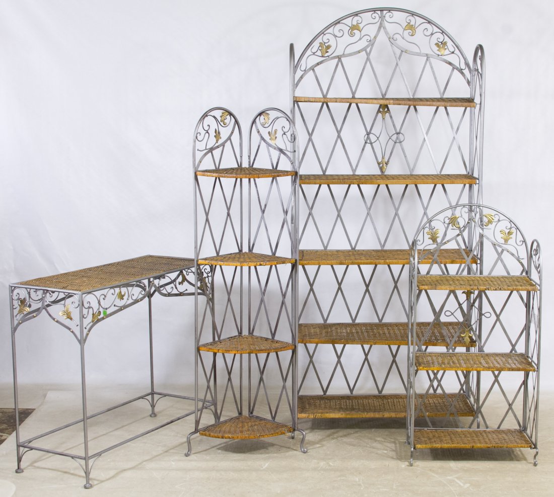 Wicker and Metal Shelves and Sofa Table: Wicker and Metal Shelves and Sofa Table Including folding baker's rack, corner shelf and small shelf unit all with metal frames and wicker shelves and a matching sofa table Height: 76.00 inches, Width