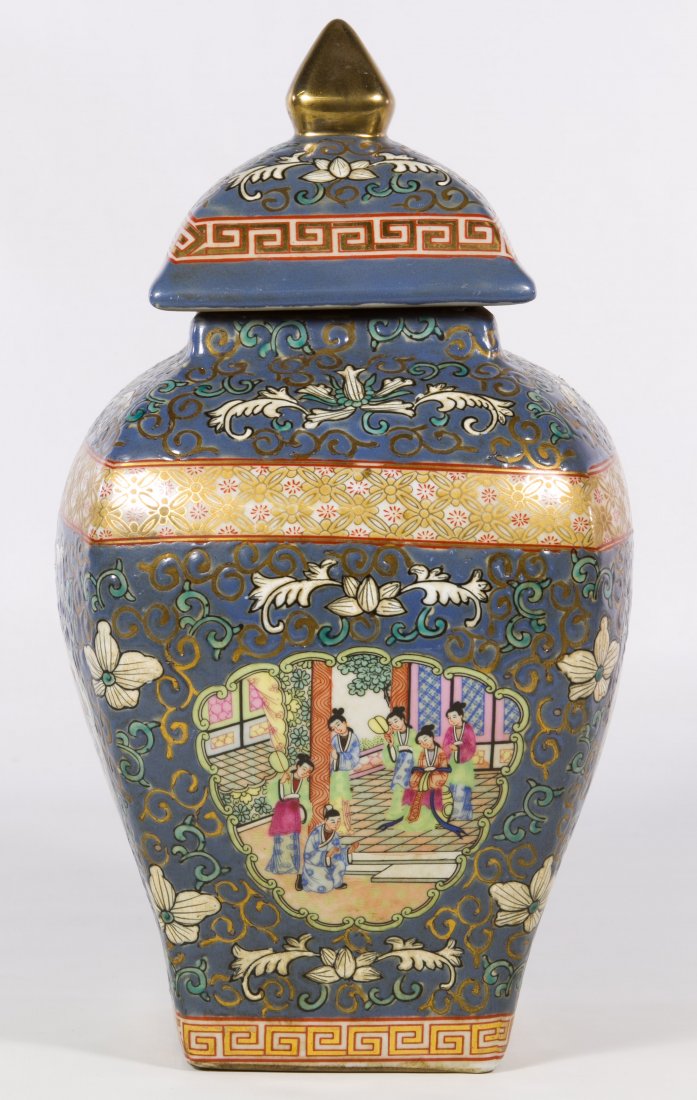 Asian Ceramic Ginger Jar: Asian Ceramic Ginger Jar Having a blue ground with floral and bird motif; stamped mark on the underside Height: 12.00 inches (including lid) Category: Decorative Arts > Asian Shipping Status: Due to s