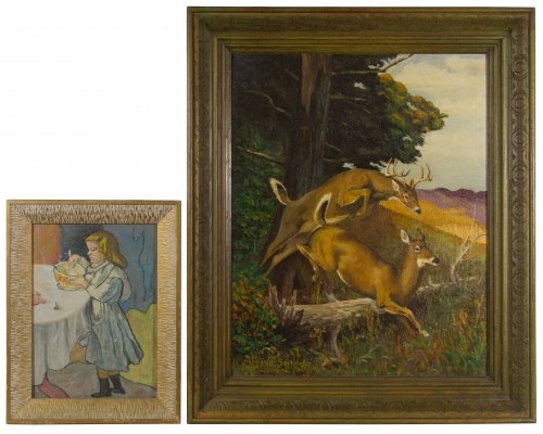 Phil Sandblom (American, 20th Century) 'Deer' Oil on: Phil Sandblom (American, 20th Century) 'Deer' Oil on Board Undated, signed lower left, depicting deer jumping though the woods; together with a 1960 oil on board copy by Flay Cornwell of Picasso's 'Th