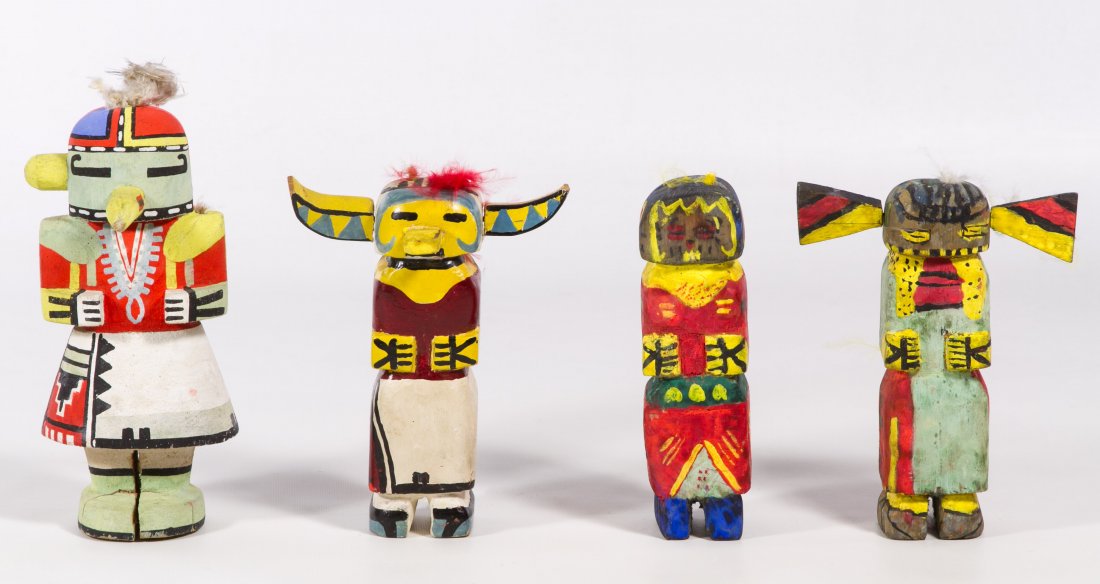 Kachina Doll Assortment: Kachina Doll Assortment Four unsigned carved and painted cottonwood Kachina dolls Height: 6.00 inches (tallest) Category: Toys and Dolls > Vintage Dolls Tax Status: Subject to an 8.25% sales tax for I