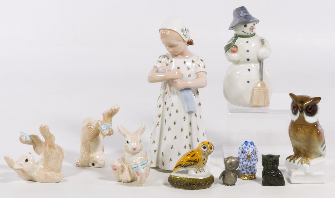 Ceramic Figurine Assortment: Ceramic Figurine Assortment Ten items including a B&G female #1721, a Royal Copenhagen snowman, a Herend owl, three rabbits, an owl on books, an owl pill box, a jadeite owl and a pewter owl Height: 7.