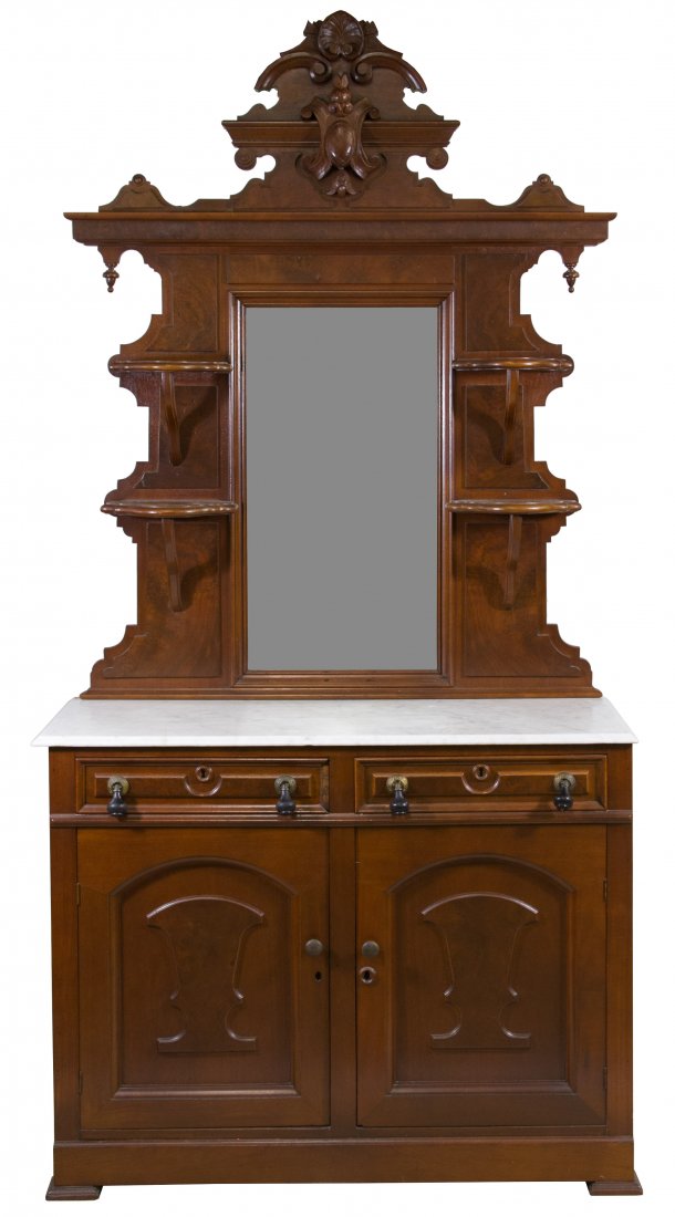 Victorian Walnut Marble Top Buffet with Mirror: Victorian Walnut Marble Top Buffet with Mirror Having two half drawers over double wood panel doors, marble surface and ornate mirror; drawer and door keys included Height: 88.00 inches, Width: 43.00 