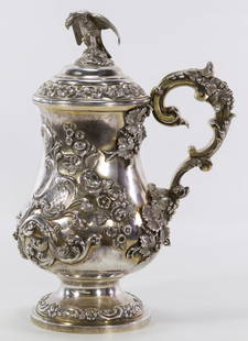 Hamilton & Co. Colonial (Calcutta, India) Silver Claret: Hamilton & Co. Colonial (Calcutta, India) Silver Claret Jug 1821-1845, having a gold wash with a floral motif and eagle finial, stamped hallmarks on the bottom rim; etched letters and numbers on the u