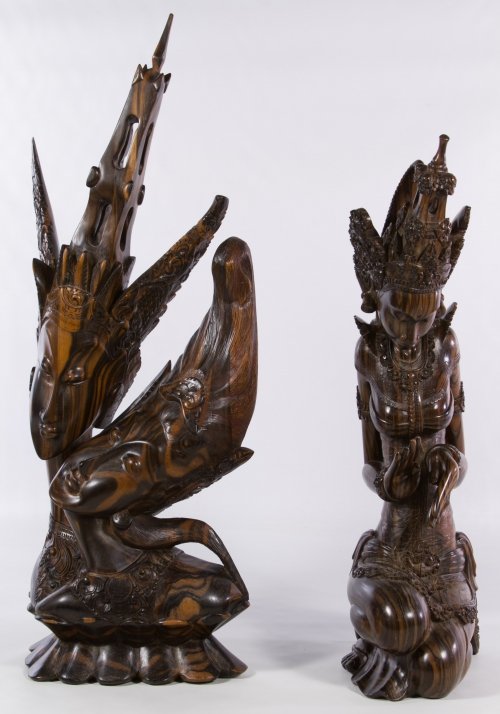 Ida Bagus Tilem (Indonesian / Balinese, 1936-1993) Wood: Ida Bagus Tilem (Indonesian / Balinese, 1936-1993) Wood Carvings c.1980, two items including a Balinese goddess with the Tilem Gallery mark on the underside and a carving depicting two female figures;