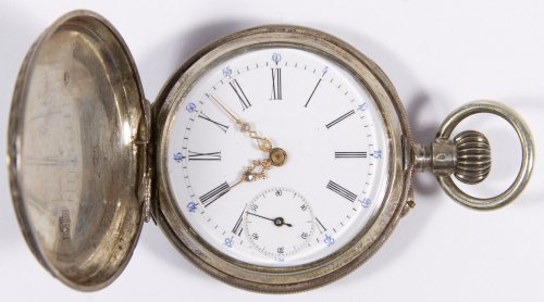 European (.800) Silver Full Hunting Case Pocket Watch: European (.800) Silver Full Hunting Case Pocket Watch Switzerland after 1933, also marked with the wood grouse, hand painted face, case engraved all around, crown wind, pin set Size: 10s Weight: 45.14