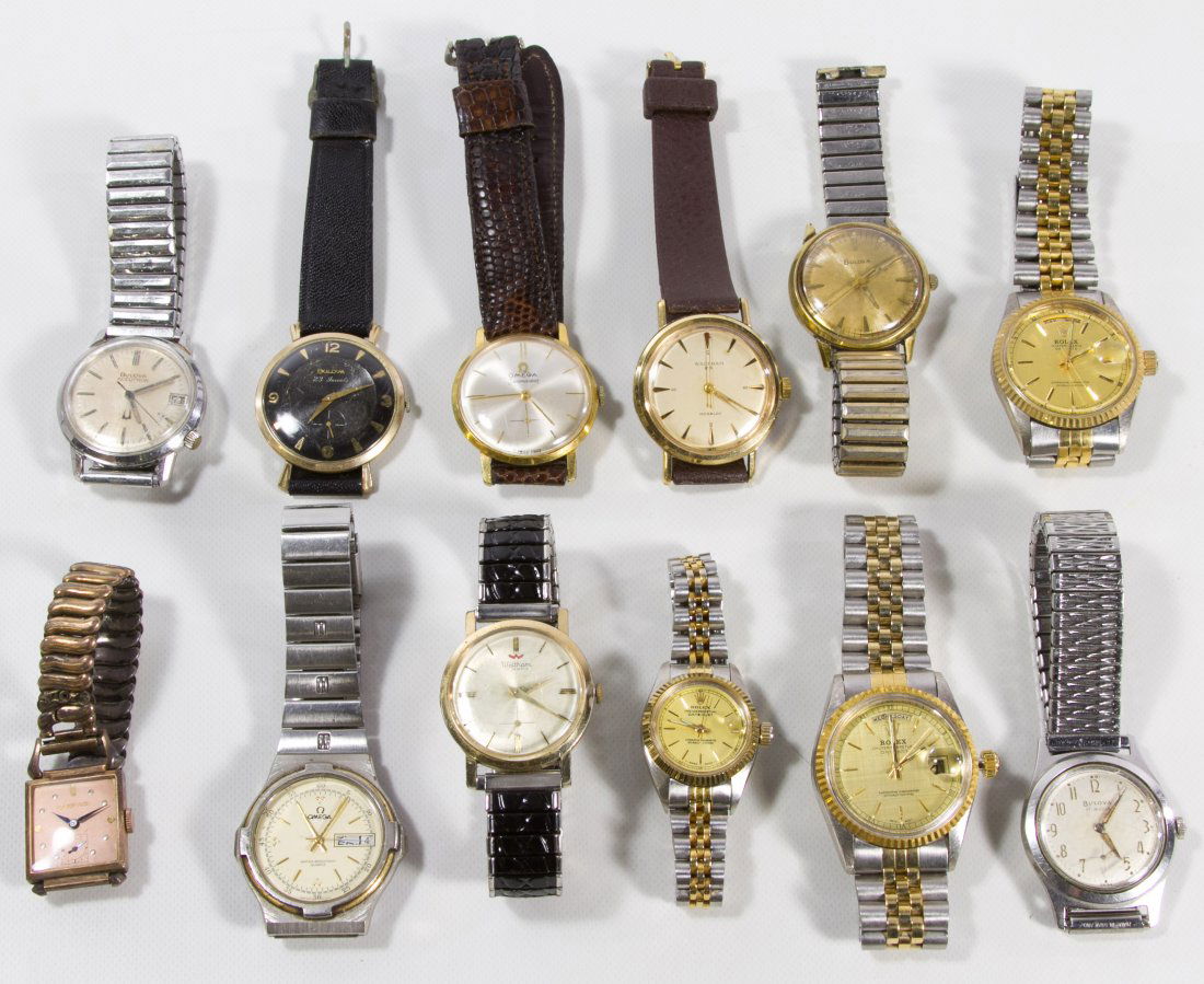 Wrist Watch Assortment: Wrist Watch Assortment Twelve wrist watches including Bulova, Omega, Waltham and faux Rolex Length: 7.25 inches (adjustable bands) Category: Jewelry and Timepieces > Watches Shipping Status: Leonard A