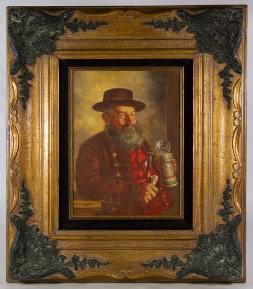 Gruber (20th Century) Oil on Canvas: Gruber (20th Century) Oil on Canvas Undated, signed lower right, depicting a man with a stein and a pipe Height: 12.00 inches, Width: 9.00 inches (stretcher) Frame Size: 22.00 inches by 19.25 inches C