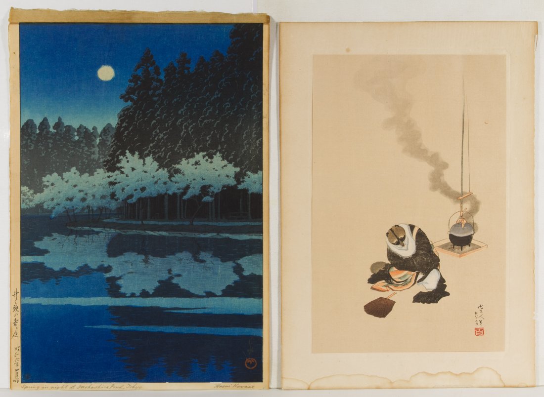 Kawase Hasui (Japanese, 1883-1957) 'Spring at Night': Kawase Hasui (Japanese, 1883-1957) 'Spring at Night' Woodblock Print Undated, signed lower right, depicting a spring evening at Inokashina Pond in Tokyo; together with a print of a seated animal, sign