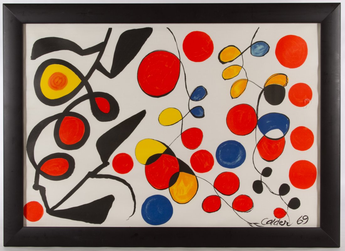 Alexander Calder (American, 1898-1976) Lithograph: Alexander Calder (American, 1898-1976) Lithograph 1969, printed signature lower right, depicting abstract shapes Height: 17.00 inches, Width: 25.00 inches (sight) Frame Size: 20.50 inches by 28.25 inc