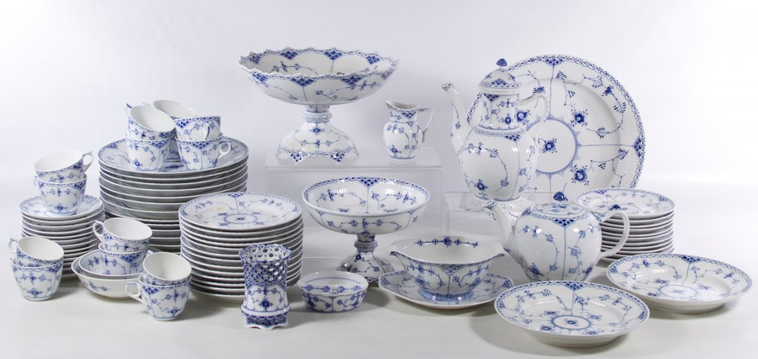 Royal Copenhagen 'Blue Fluted - Half Lace Border' China: Royal Copenhagen 'Blue Fluted - Half Lace Border' China Service Ninety-one items including (14) dinner plates, (14) dessert plates, (12) bread plates, (15) coffee cups, (14) saucers, (2) soup bowls, (