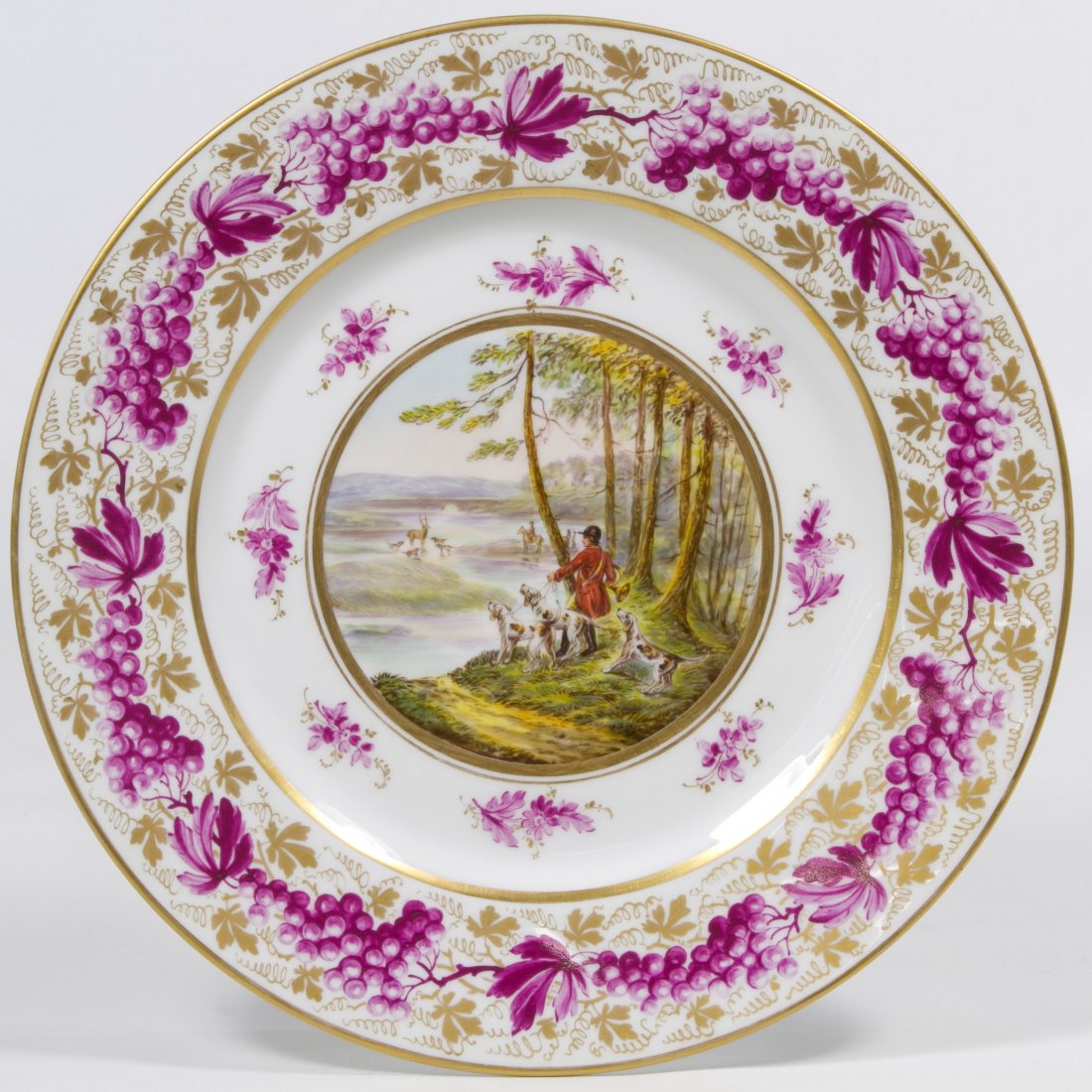Derby Hand Painted 'Hunting' Porcelain Cabinet Plate: Derby Hand Painted 'Hunting' Porcelain Cabinet Plate c.1800, English, signed lower right, stamped mark on the back, depicting dogs hunting deer with a purple grapevine rim Diameter: 10.50 inches Categ