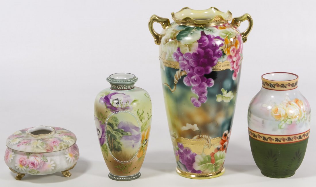 Nippon and Royal Bayreuth Hand Painted Porcelain: Nippon and Royal Bayreuth Hand Painted Porcelain Assortment Including three vases and a tapestry textured hair receiver Height: 9.25 inches Category: Porcelain and Ceramics > Mixed Lots Shipping Statu