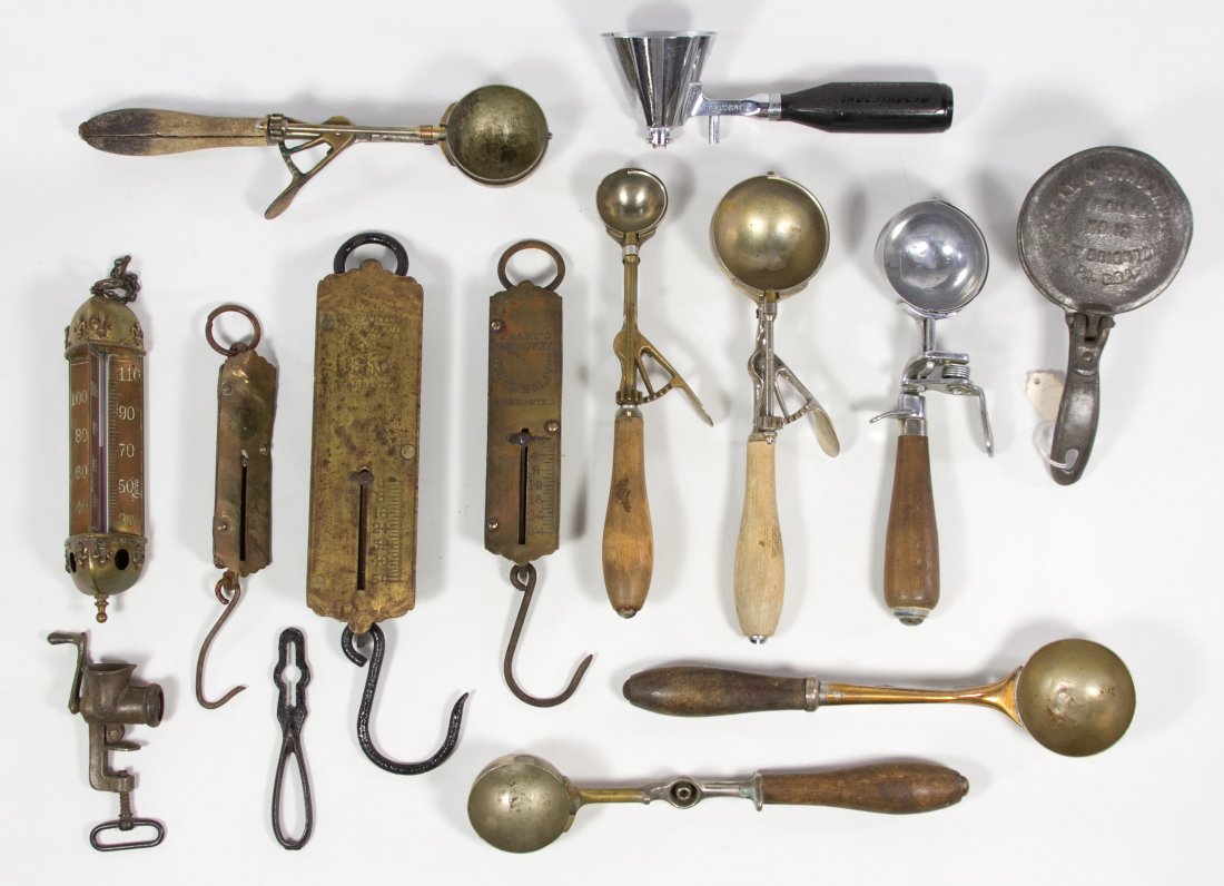 Ice Cream Scoop and Spring Weight Scale Assortment: Ice Cream Scoop and Spring Weight Scale Assortment Including eight scoops by Benedict, Gilchrist and Logan & Strobridge, four hanging weight scales with hooks, a miniature grinder and a looped metal h