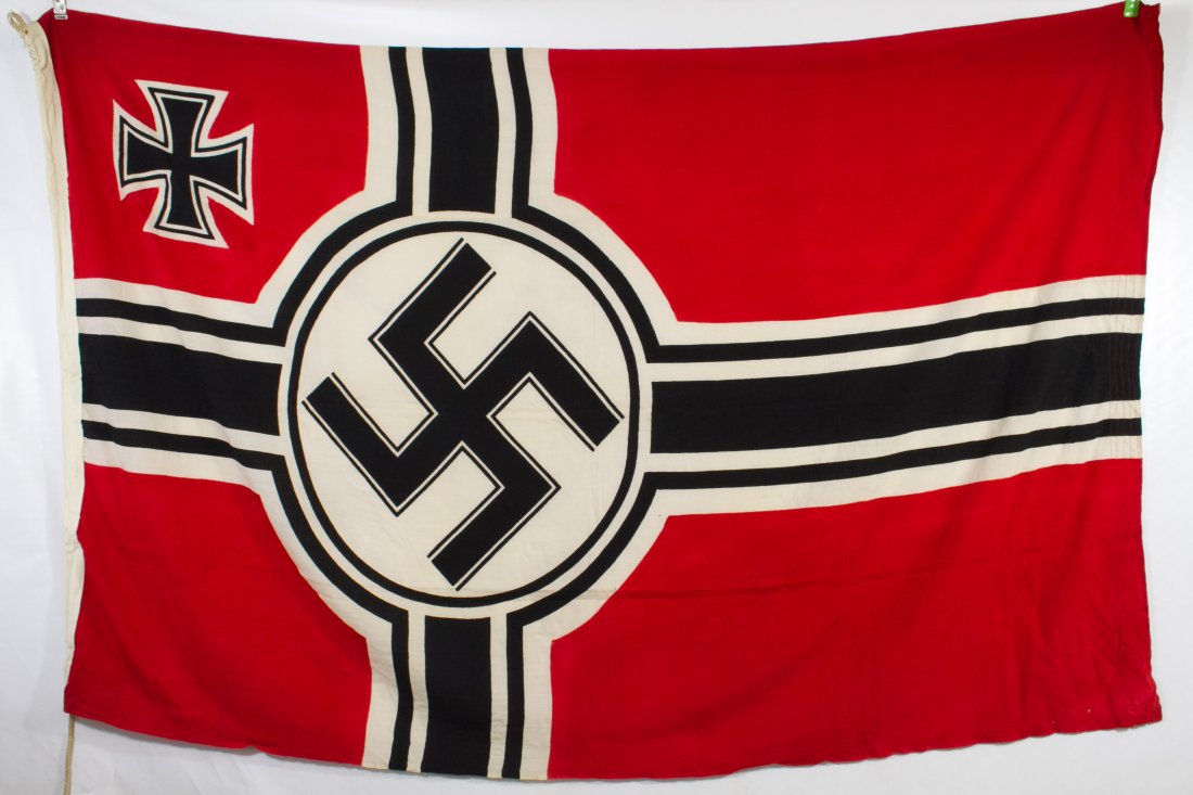 World War II German Naval Battle Flag: World War II German Naval Battle Flag Having two Nazi insignias; wording on the binding Height: 56.50 inches, Width: 91.00 inches Category: Military & Weapons > World War II Shipping Status: Leonard A