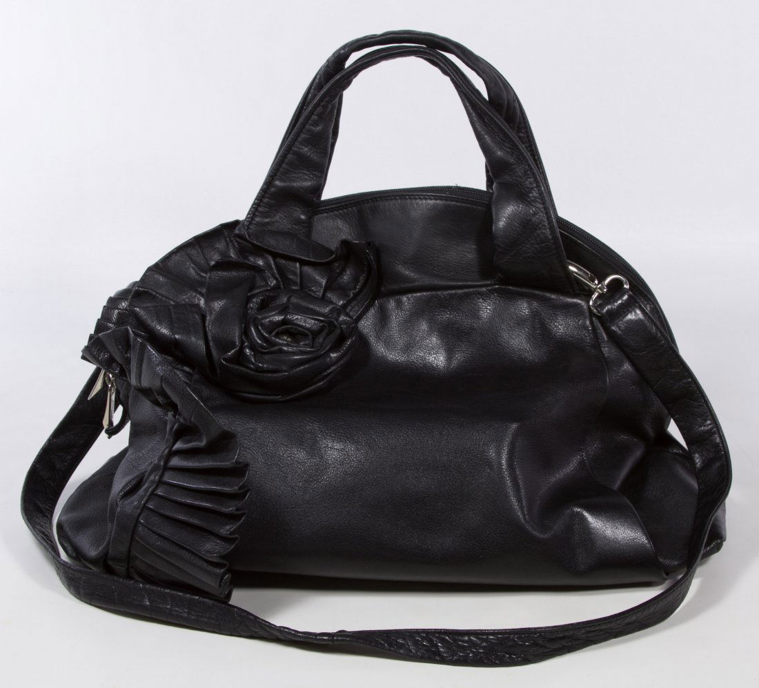 Renato Angi Black Leather Purse: Renato Angi Black Leather Purse Having the original booklet tag with the serial #0480430, the original hand mirror, a detachable shoulder strap and a pleated flounce and rosette in leather as decorati