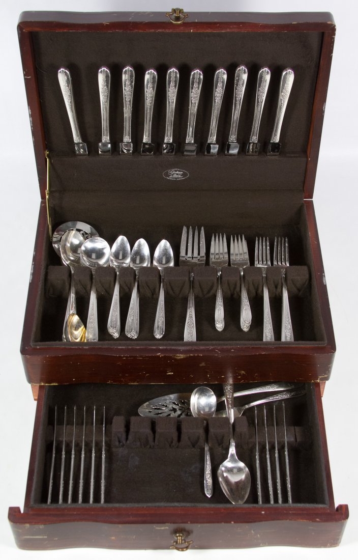 Nobility 'Royal Rose' Silverplate Flatware: Nobility 'Royal Rose' Silverplate Flatware Including (10) dinner knives, (10) dinner forks, (10) salad forks, (20) teaspoons, (10) soup spoons, (10) butter knives and (10) serving utensils; together w
