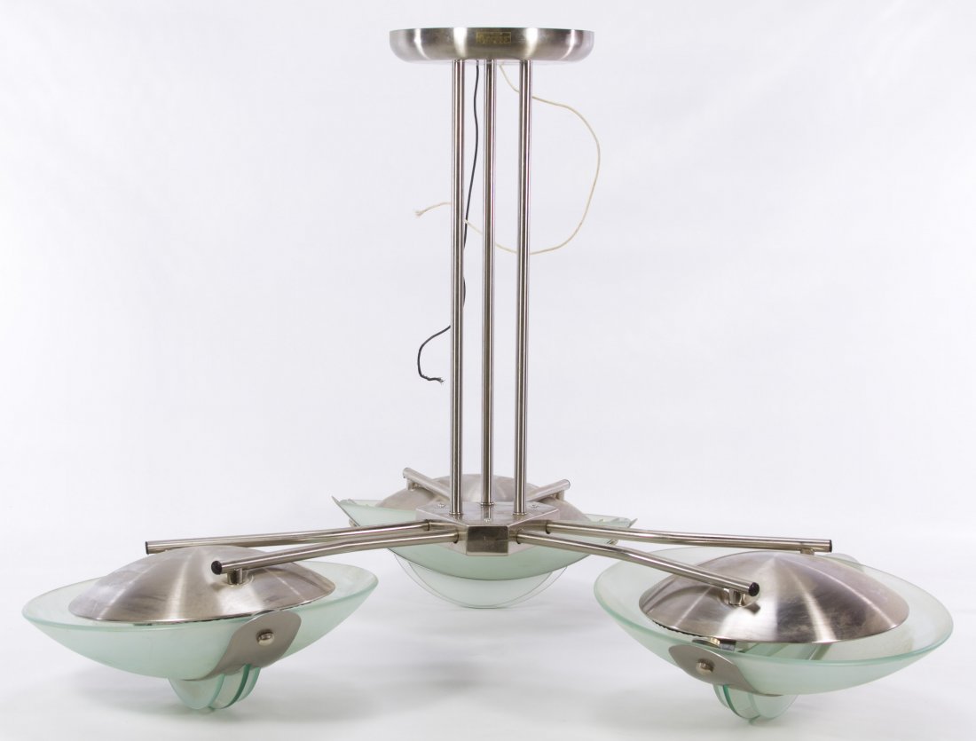 Mid-Century Modern Style Ceiling Fixture by Access: Mid-Century Modern Style Ceiling Fixture by Access Having three chrome and frosted glass shadese; together with a spare shade; model #881968 Height: 23.00 inches, Width: 32.00 inches (largest) Categor